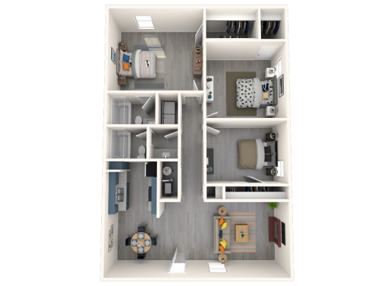 a 3d rendering of a two bedroom apartment at The Chalk Gardens